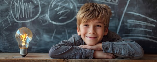 Smiling boy standing by a chalkboard with a drawn lightbulb. Free copy space for text.