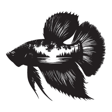 recommend clip art: silhouette of Betta Fish filled with nature view in rough drawing