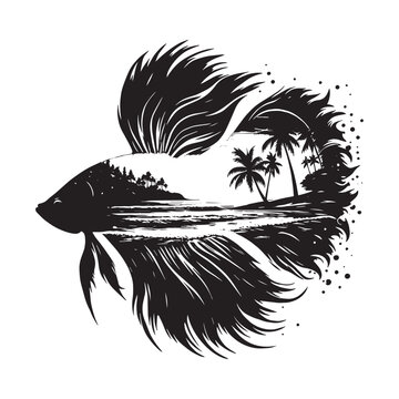 recommend clip art: silhouette of Betta Fish filled with ocean beach view with palm tree in rough drawing
