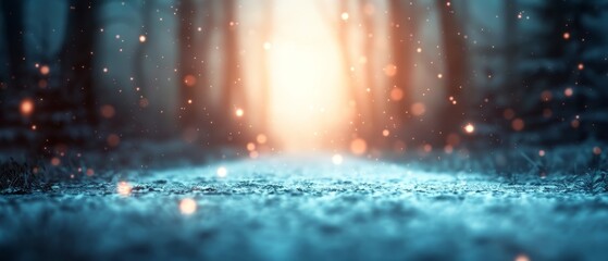 Obraz premium A crisp image of the sun filtering through wintery trees in a forest, blanketing the ground with fresh snow and scattering flakes mid-air