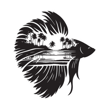 recommend clip art: silhouette of Betta Fish filled with ocean beach view with palm tree in rough drawing