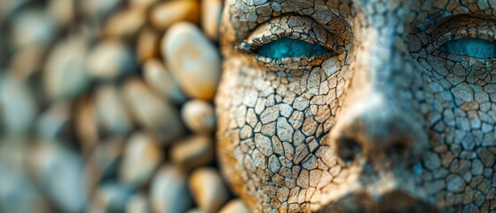 Naklejka premium A tight shot of a woman's statue face, heavily adorned with stones