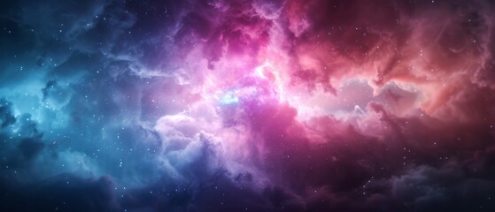 Obraz premium A colorful cloud, adorned with stars and sporting a brilliant light at its center, exhibits a vibrant blue-pink hue