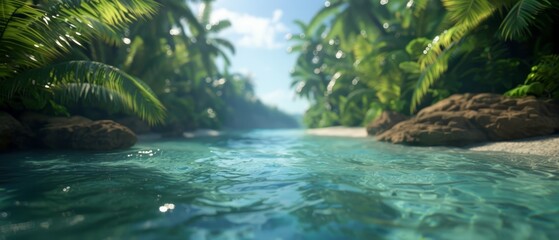 Fototapeta premium A river runs through a lush, green forest teeming with numerous palm trees The forest gives way to a tranquil, blue body of water surrounded by rocks