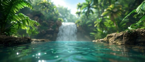  A tranquil pool encircled by lush green trees, featuring a waterfall in its center The waterfall pours into a serene, blue body of water