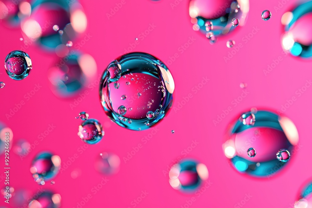 Aufkleber Colorful floating 3D bubbles with reflections on a vibrant pink background. The abstract design features glossy spheres with highlights, creating a dynamic and futuristic effect.