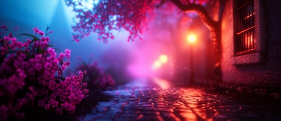 Obraz premium A crisp image of a nighttime street scene featuring a distinct foreground street light and purple blooms
