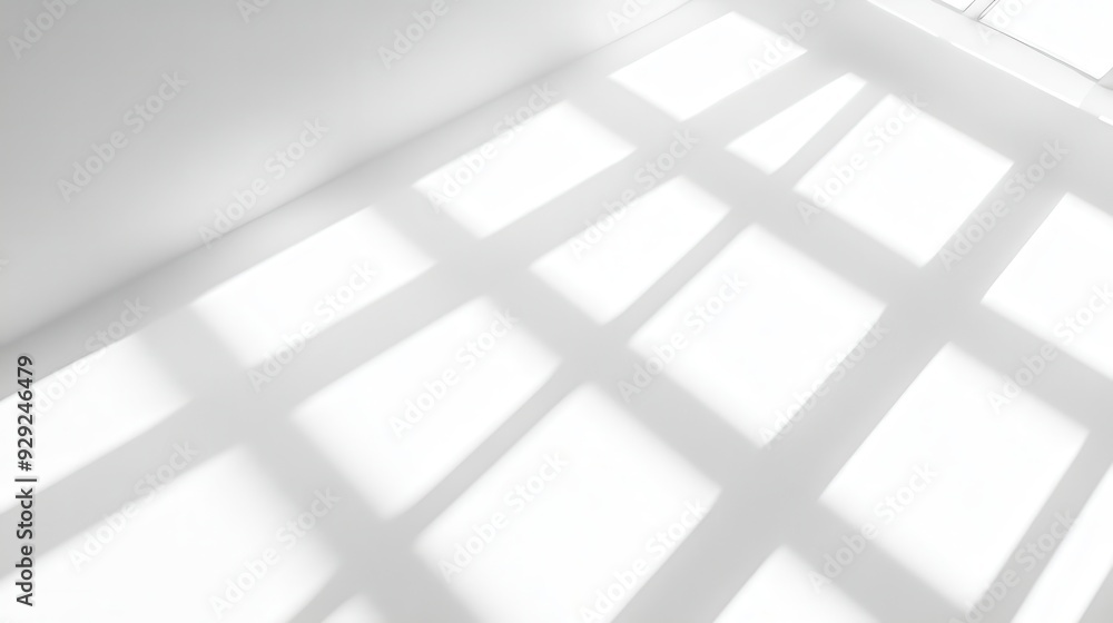 Poster a minimalist interior with light and shadow creating geometric patterns on the floor.