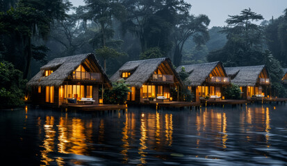 Fototapeta premium serene view of eco-friendly wooden huts with thatched roofs situated along reflective water surface. warm glow of lights inside huts contrasts with lush, dense forest backdrop