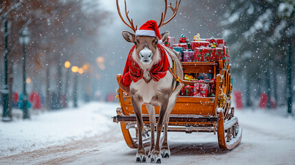 a reindeer in christmas attire walking with a sleigh full of gifts during the christmas season with snow