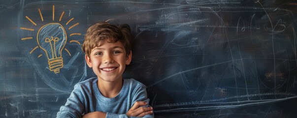 Smiling boy standing by a chalkboard with a drawn lightbulb. Free copy space for text.