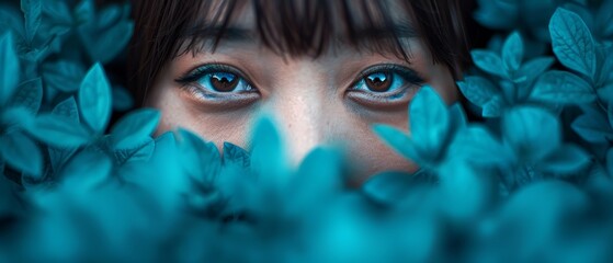 Obraz premium A tight shot of a child's blue-eyed face surrounded by green leaves Behind her lies a woman with identical blue eyes