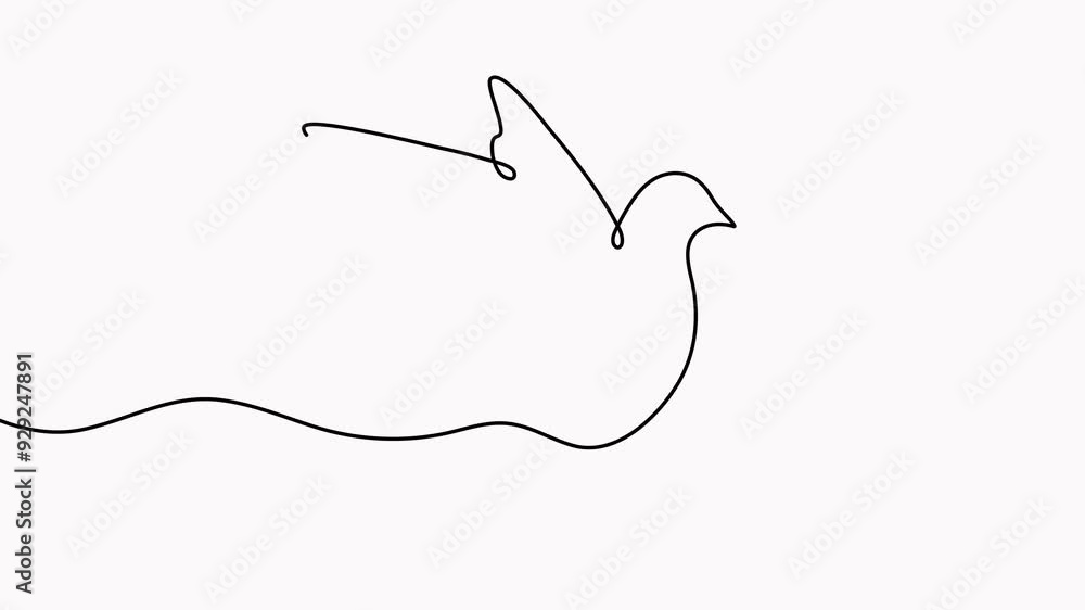 Poster flying bird continuous line art drawn animation. dove with curve line.