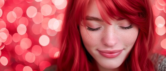 Naklejka premium A tight shot of a woman with red hair and closed eyes against a backdrop of glowing red bokeh lights
