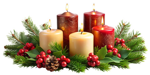 PNG christmas candles centerpiece with pine and berries transparent