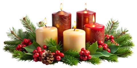 PNG christmas candles centerpiece with pine and berries transparent