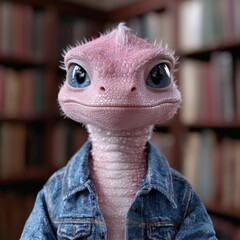 Obraz premium Cute pink lizard wearing denim jacket