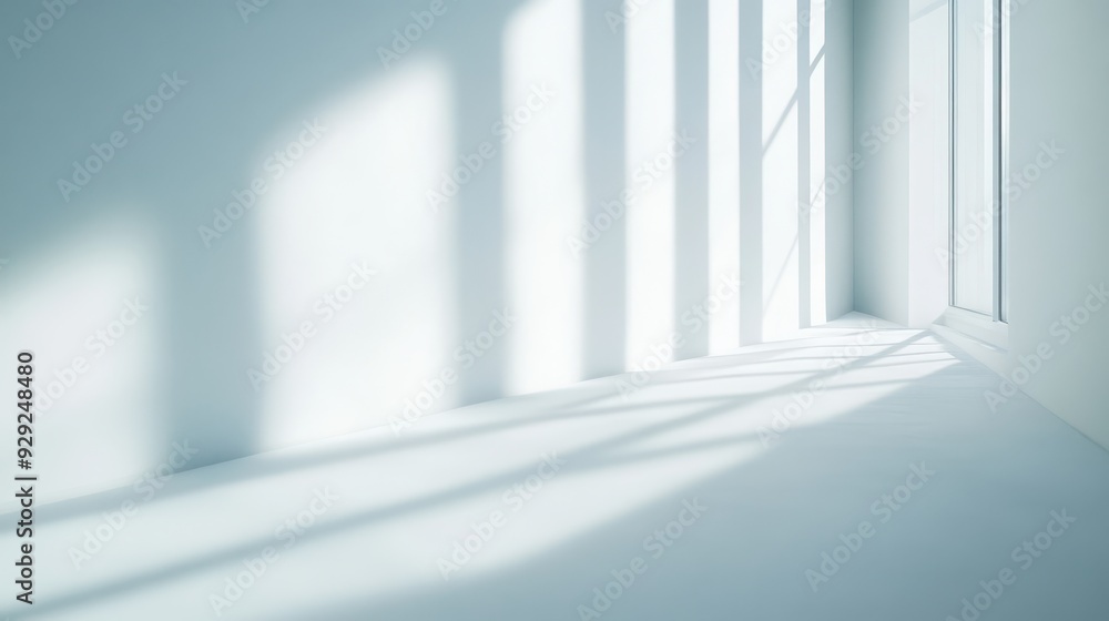 Poster a minimalist interior with soft shadows and light streaming through a window.