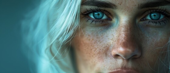 Fototapeta premium A close-up of a woman's face adorned with numerous freckles