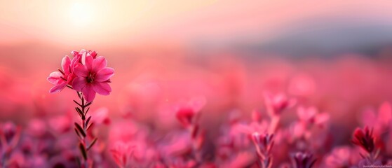 Obraz premium A pink bloom lies at the heart of a expansive field, bathed in hues of identical pink flowers Above, the sun casts its golden rays against a clear blue sky