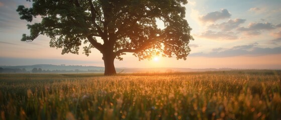  A solitary tree in a field, silhouetted against the sunset Sky above filled with clouds