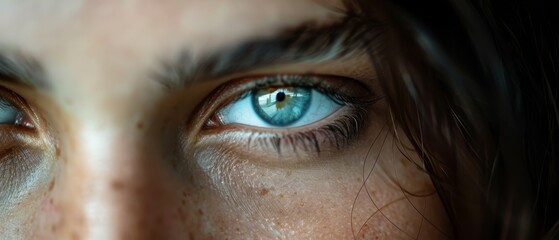  A tight shot of a woman's face with blue eyes and scattering freckles