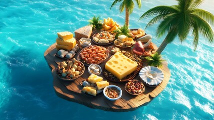 A wooden platter with a variety of cheeses, crackers, and other snacks floats on the turquoise blue water beneath a palm tree.