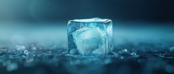  A tight shot of an ice cube, showcasing H2O drops on its surface, backed by a hazy assemblage of additional ice cubes