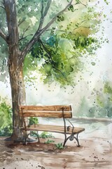 Naklejka premium Urban Park Bench, Watercolor Artwork on White Background