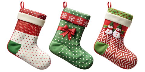 PNG three Christmas stockings with polka dots and bows transparent