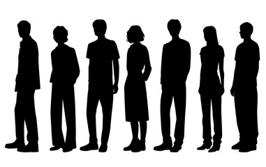 Vector silhouettes of  men and a women, a group of standing   business people, profile, black and white color isolated on white background
