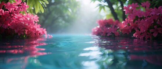  A body of water adorned with a floral arrangement along its edge, surrounded by an expansive backdrop of lush trees