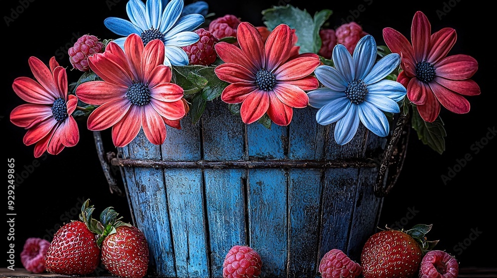 Poster   A bucket of mixed flowers  and strawberries on a table