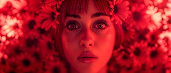 Fototapeta premium A woman's face, closely framed, adorned with flowers atop her head Red light glows behind
