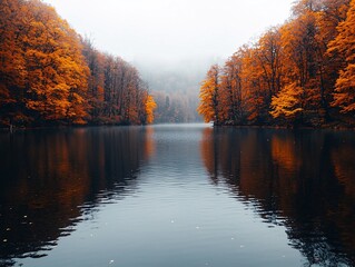 Obraz premium Fall leaves in Autumn season. Lake and river outdoor foliage scenery with free copy space