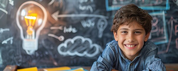 Smiling boy standing by a chalkboard with a drawn lightbulb. Free copy space for text.