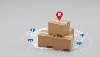  cardboard boxes, stacked, with a red location pin on top shipping delivery concept 3d redneirng.