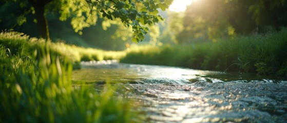 Fototapeta premium A river winds through a verdant forest, surrounded by tall trees and abundant grass