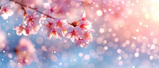 Fototapeta premium Close-up of pink flowers on a tree branch, with water droplets on leaves, and a blue sky behind