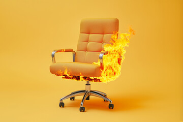 Burning office chair. Burnout syndrome, deadline, burnout at work concept. Armchair on fire, symbol of stress, restless, anxiety, mental health problems, anger, panic, overwork, professional burnout