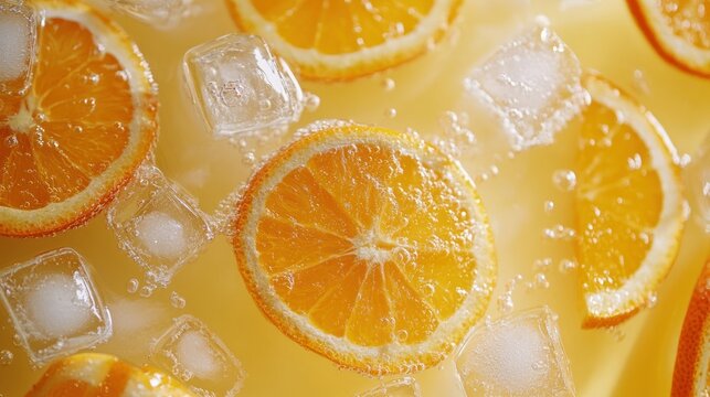 Orange Slices with Ice Cubes in a Refreshing Drink
