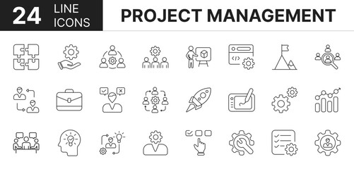 Collection of 24 project management line icons featuring editable strokes. These outline icons depict various modes of project management, statistic, check, gear, employee,