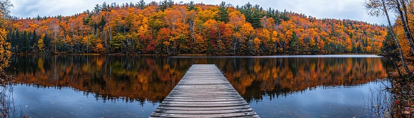 Obraz premium Fall leaves in Autumn season. Lake and river outdoor foliage scenery with free copy space