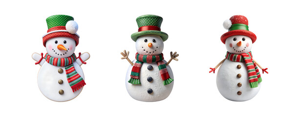 PNG set of three Christmas snowman decorations isolated transparent
