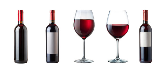 PNG set of red wine bottles and glasses isolated transparent