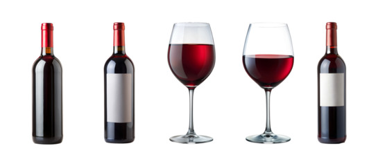 PNG set of red wine bottles and glasses isolated transparent