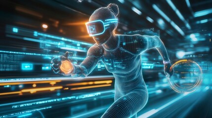 Obraz premium A futuristic figure wearing a VR headset, sprinting through a digital landscape.