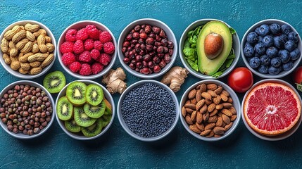   A group of colorful bowls arranged on a blue surface, brimming with various fruits and veggies