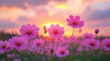 Obraz premium Delicate pink flowers in soft focus with gentle lighting, creating a dreamy atmosphere. Suitable for romantic or serene designs.