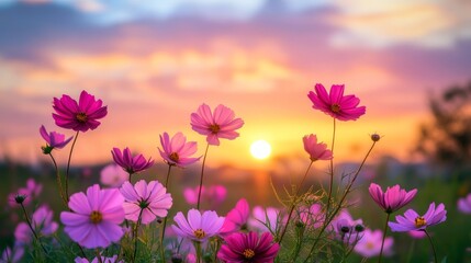 Fototapeta premium Field of flowers at sunset and dawn spring summer background with bright beautiful flowers